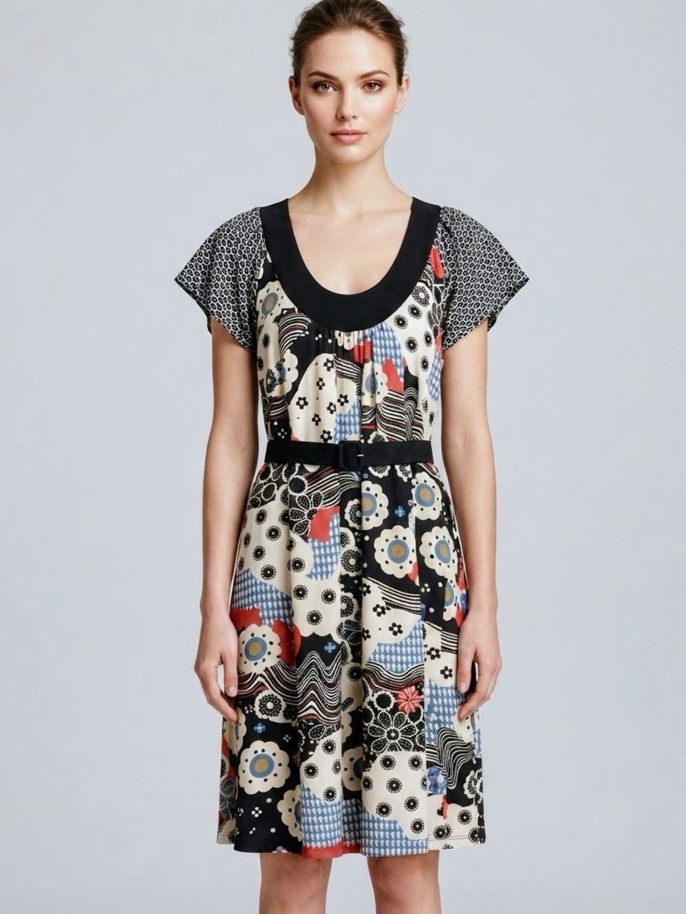Gibson Vintage Mod Retro Floral Graphic Print Belted Midi Dress Small